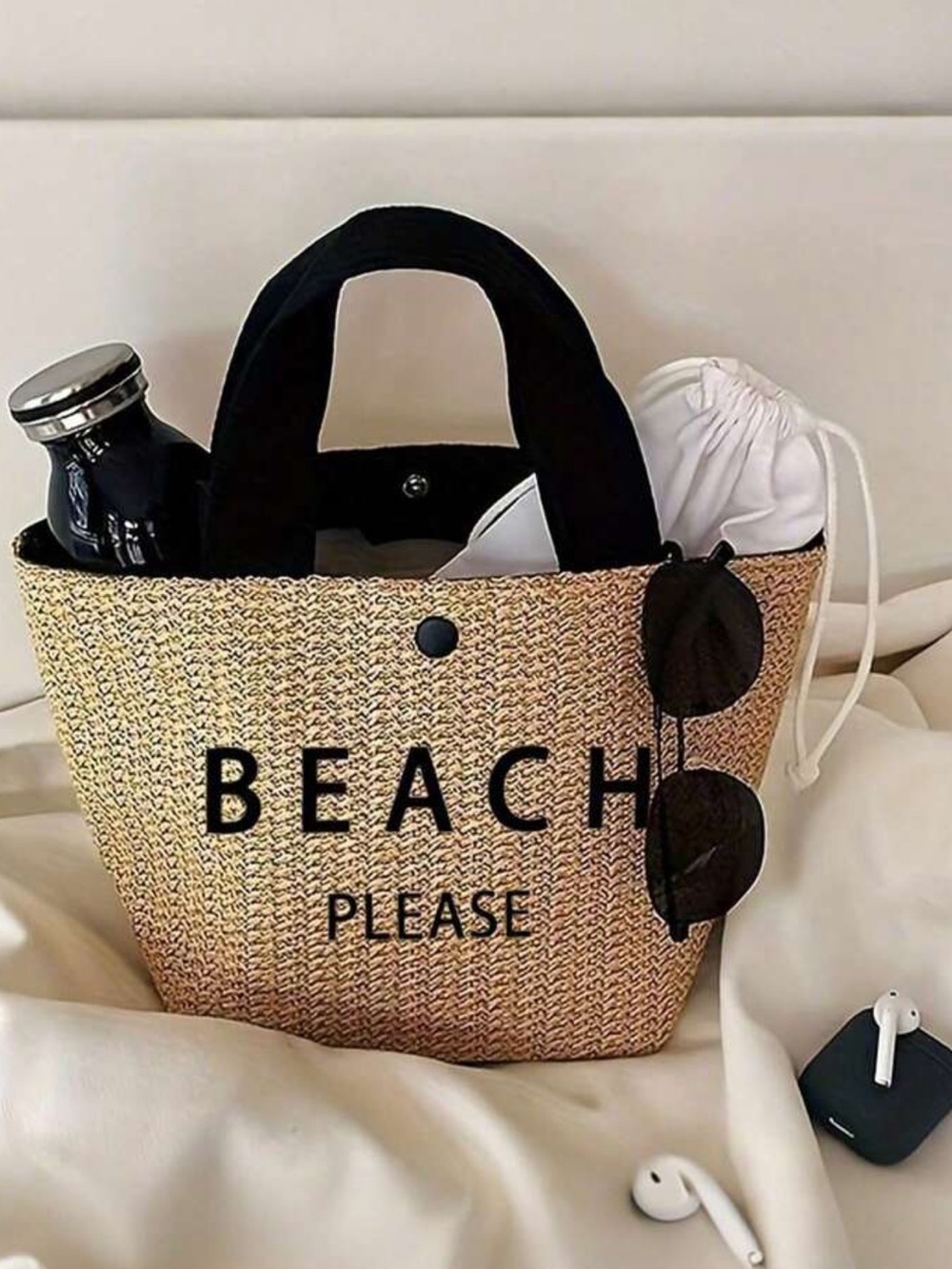 New Straw Beach Tote Bag with Black Handles - "BEACH PLEASE"